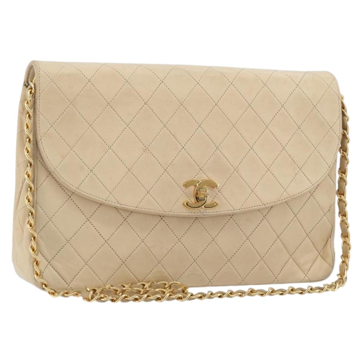 CHANEL Matelasse Chain Shoulder Bag Lamb Skin Beige Gold CC Auth bs36200