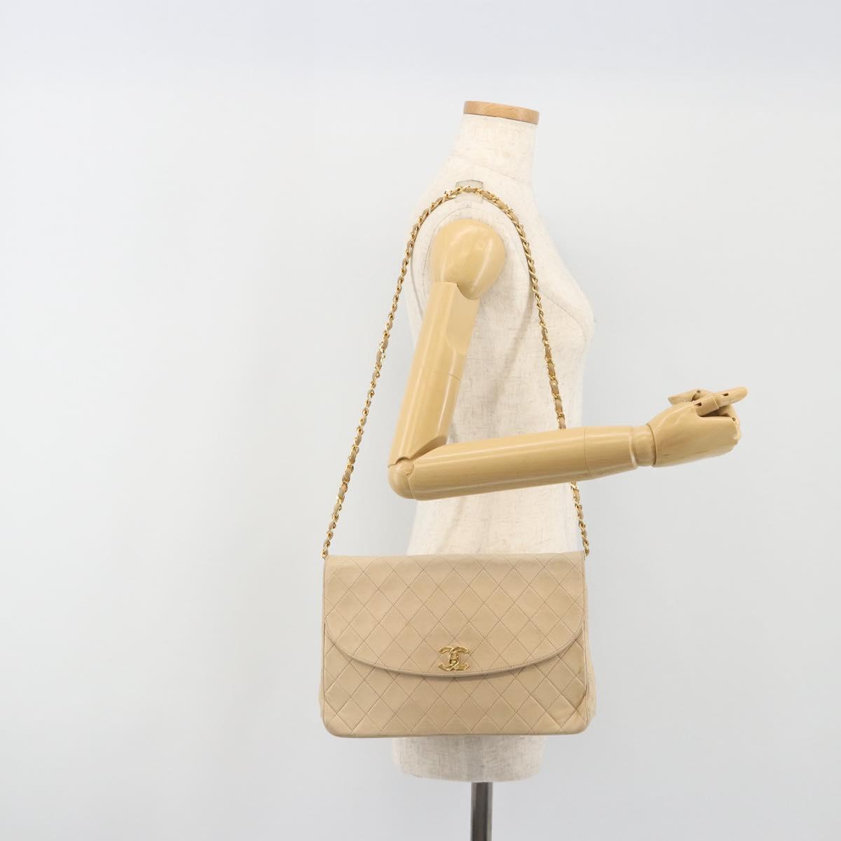 CHANEL Matelasse Chain Shoulder Bag Lamb Skin Beige Gold CC Auth bs36200