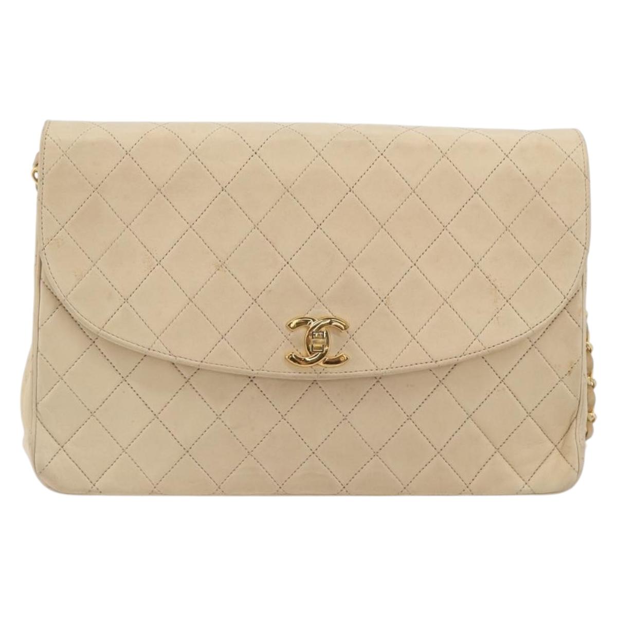 CHANEL Matelasse Chain Shoulder Bag Lamb Skin Beige Gold CC Auth bs36200