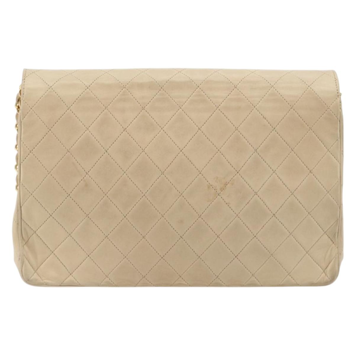 CHANEL Matelasse Chain Shoulder Bag Lamb Skin Beige Gold CC Auth bs36200