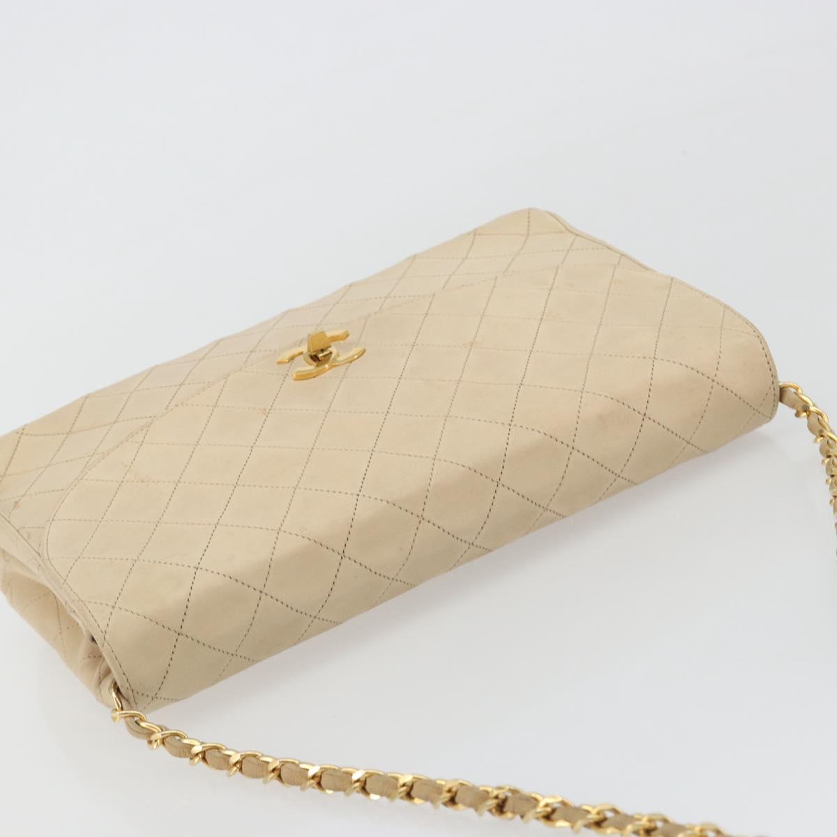 CHANEL Matelasse Chain Shoulder Bag Lamb Skin Beige Gold CC Auth bs36200