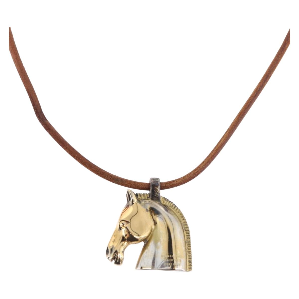 HERMES Shuval Necklace Leather Brown Auth bs36204