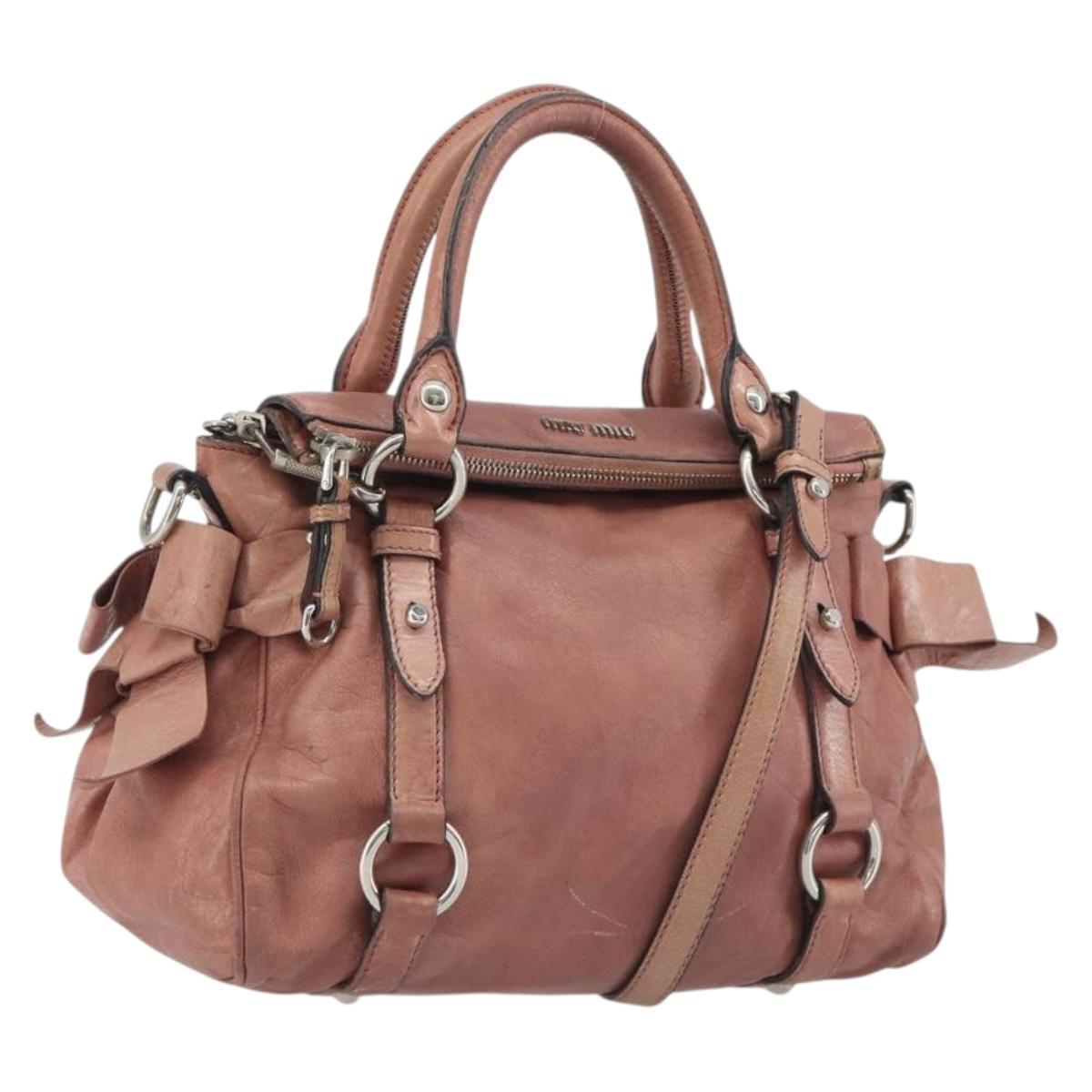 Miu Miu Side Ribbon Hand Bag Leather 2way Pink Silver Auth bs36207