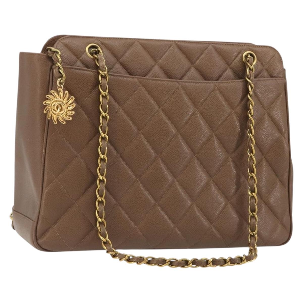 CHANEL Matelasse Chain Shoulder Bag Caviar Skin Brown Gold CC Auth bs36224V