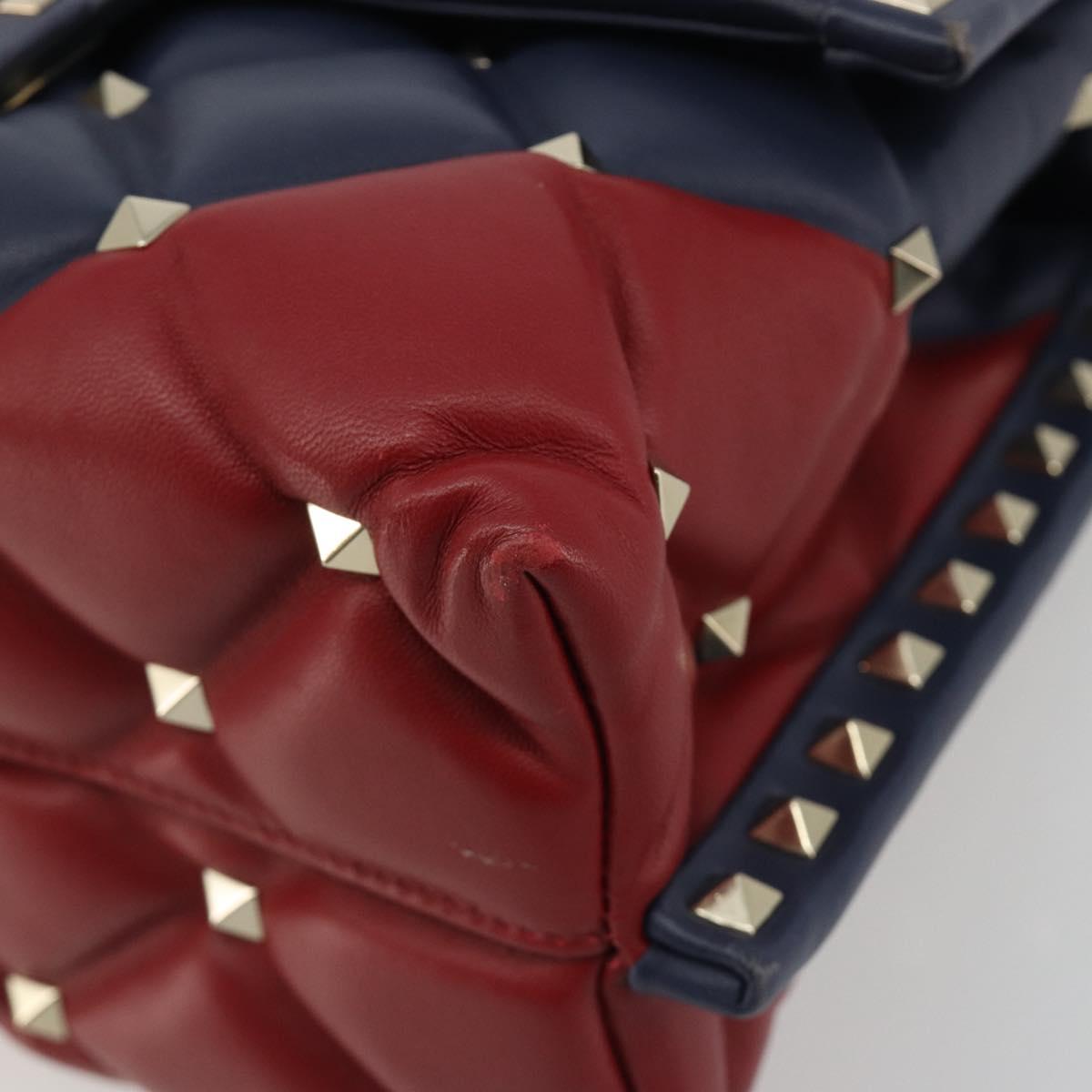 VALENTINO Studs Hand Bag Leather 2way Red Navy Gold Auth bs36227A