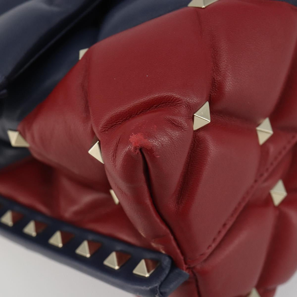 VALENTINO Studs Hand Bag Leather 2way Red Navy Gold Auth bs36227A