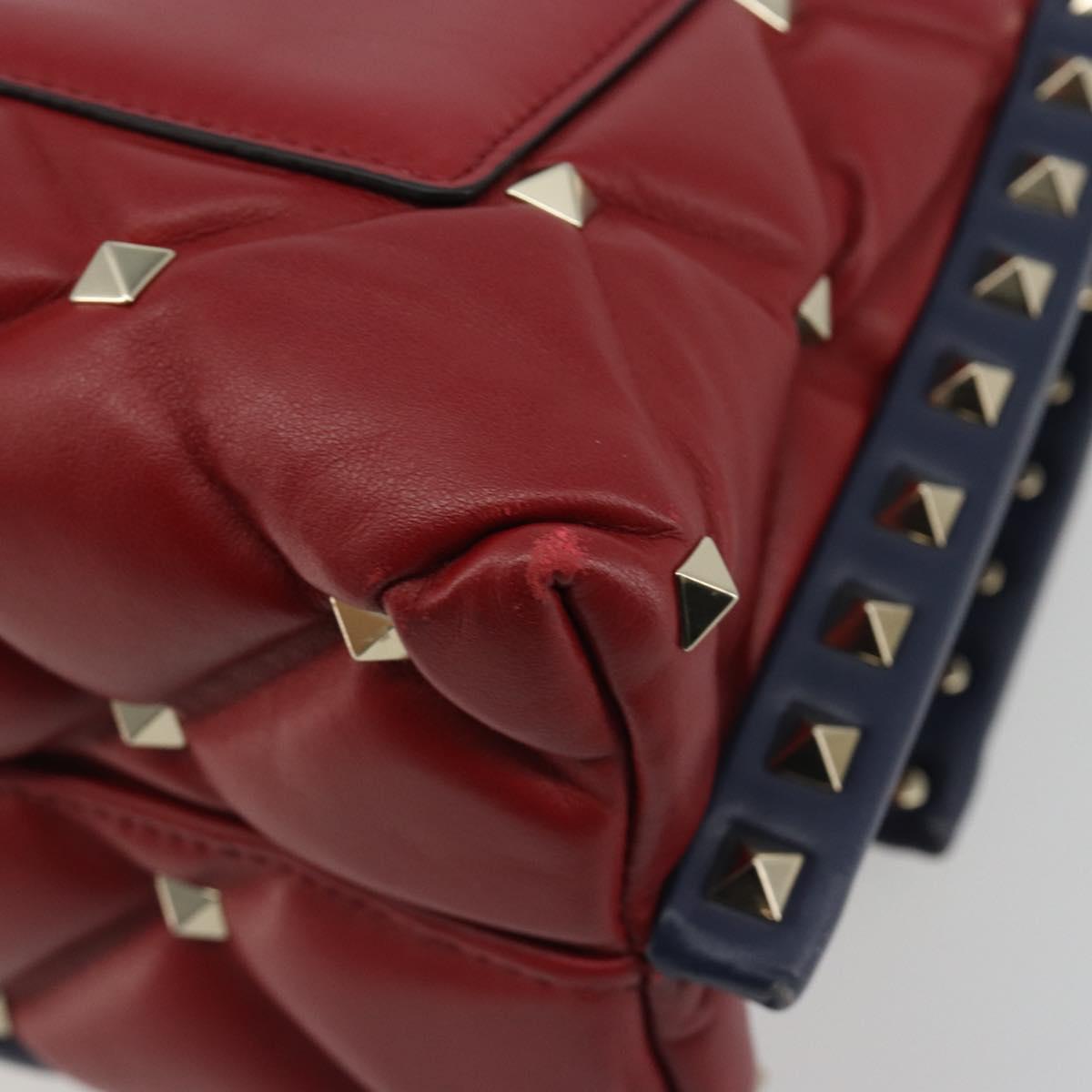 VALENTINO Studs Hand Bag Leather 2way Red Navy Gold Auth bs36227A