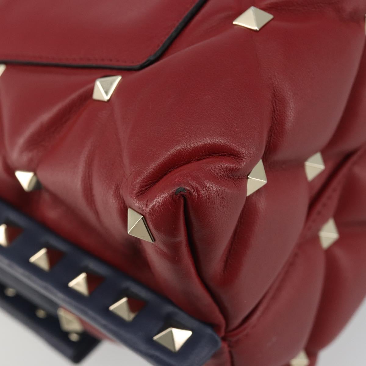 VALENTINO Studs Hand Bag Leather 2way Red Navy Gold Auth bs36227A
