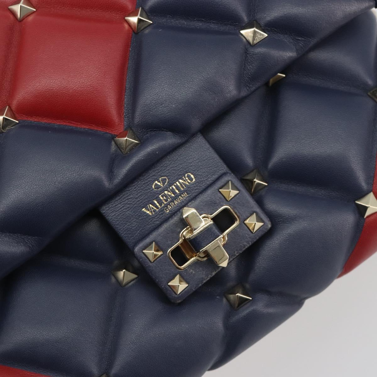 VALENTINO Studs Hand Bag Leather 2way Red Navy Gold Auth bs36227A