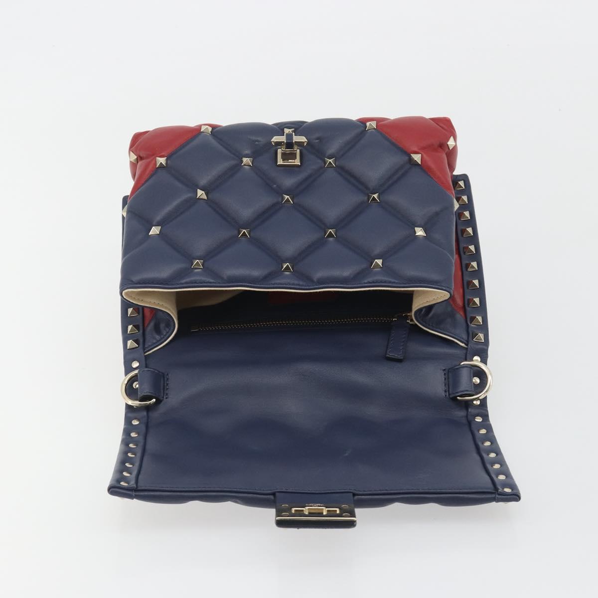VALENTINO Studs Hand Bag Leather 2way Red Navy Gold Auth bs36227A