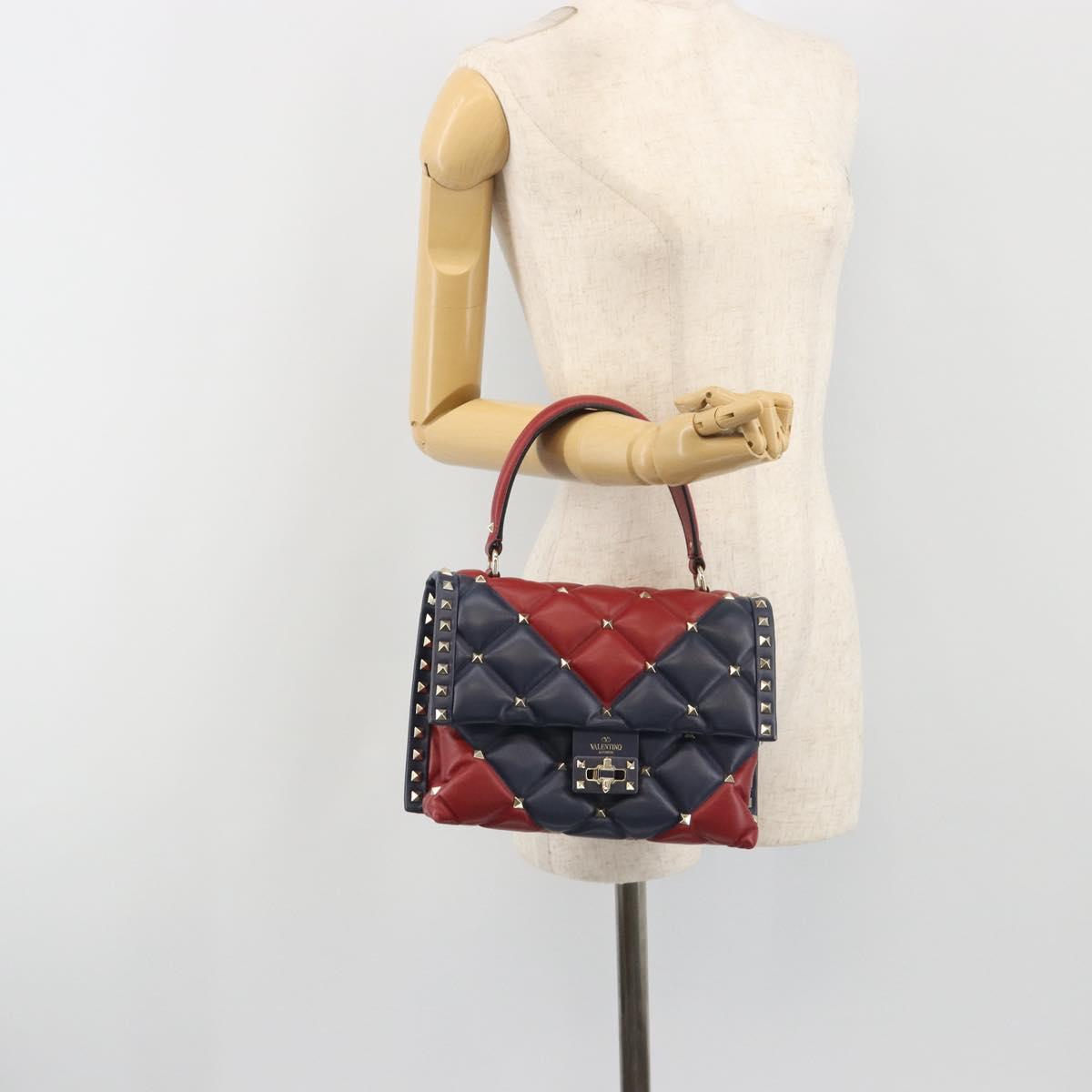 VALENTINO Studs Hand Bag Leather 2way Red Navy Gold Auth bs36227A