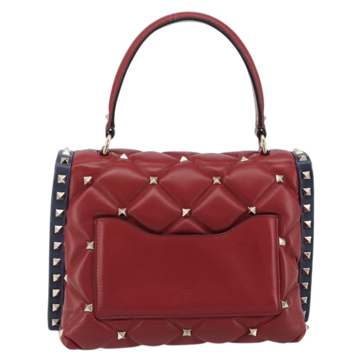 VALENTINO Studs Hand Bag Leather 2way Red Navy Gold Auth bs36227A