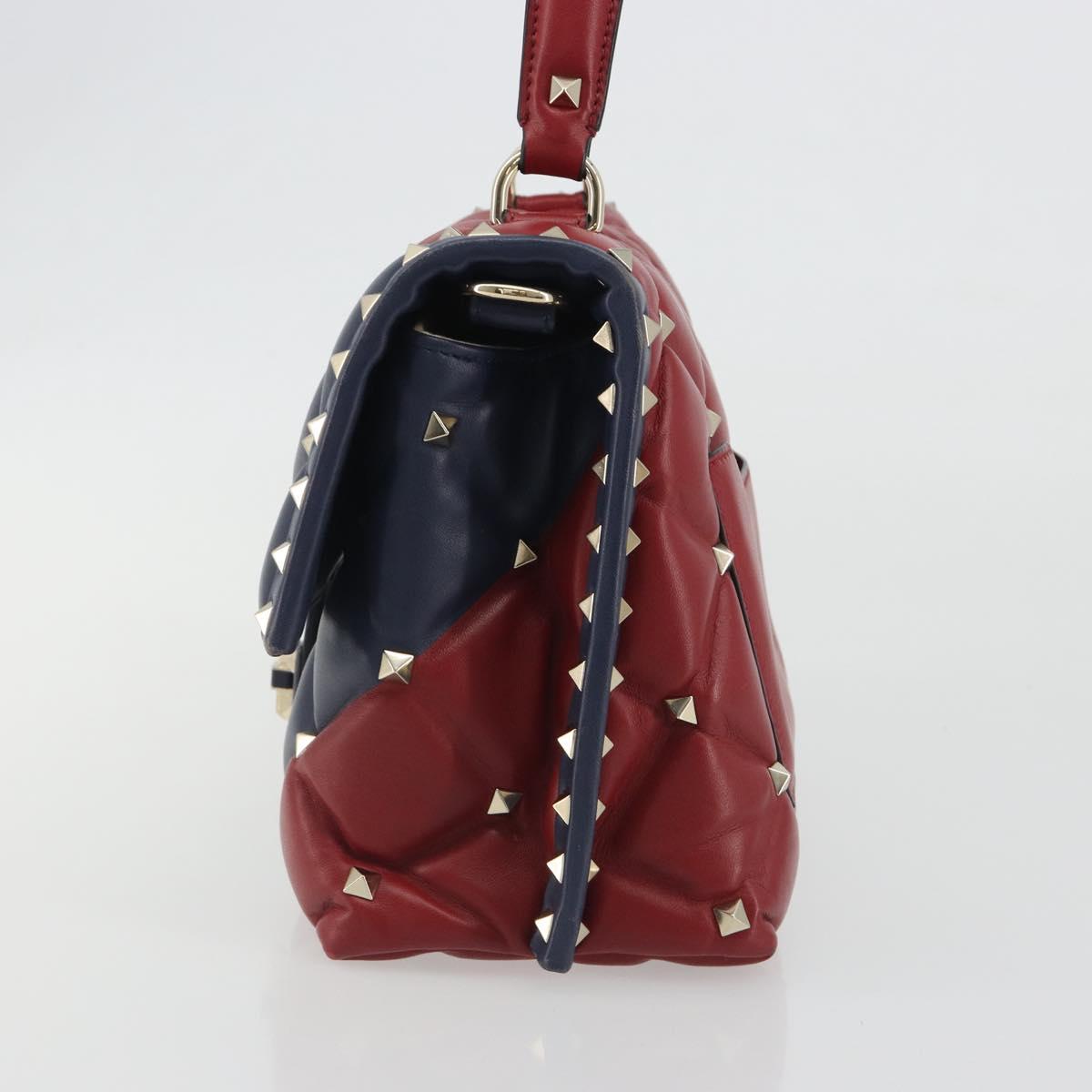 VALENTINO Studs Hand Bag Leather 2way Red Navy Gold Auth bs36227A