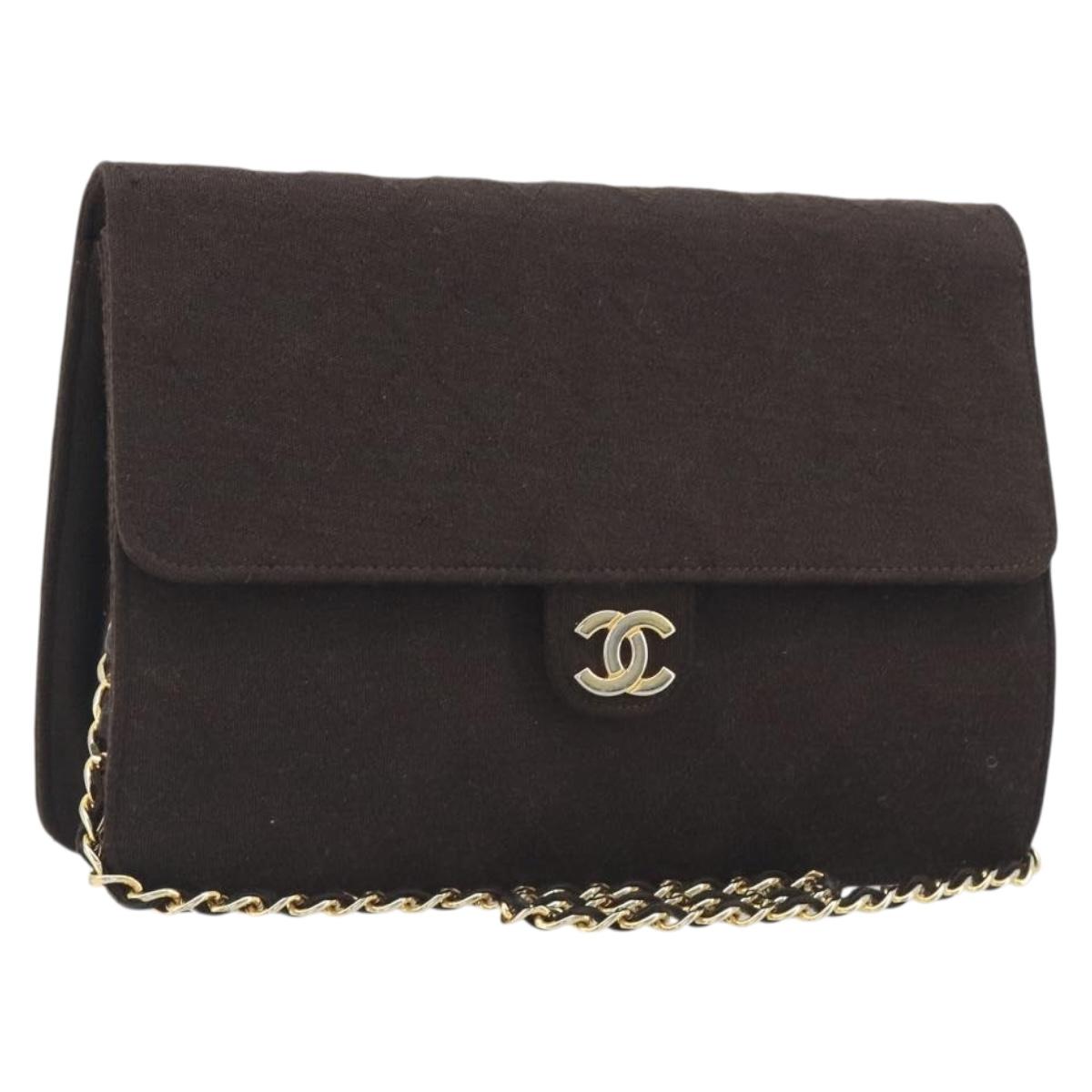 CHANEL Matelasse Chain Shoulder Bag Cotton Brown Gold CC Auth bs36235