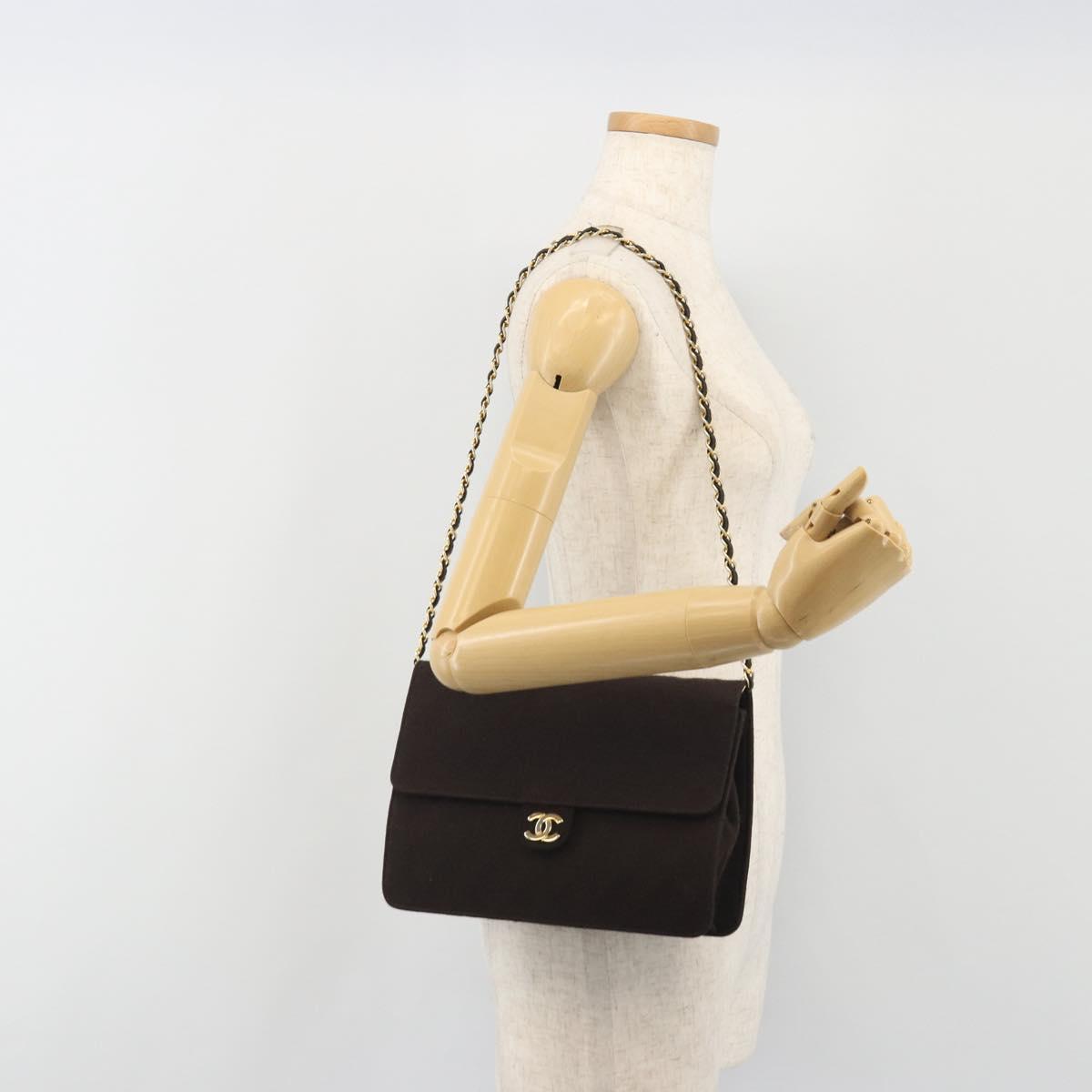 CHANEL Matelasse Chain Shoulder Bag Cotton Brown Gold CC Auth bs36235