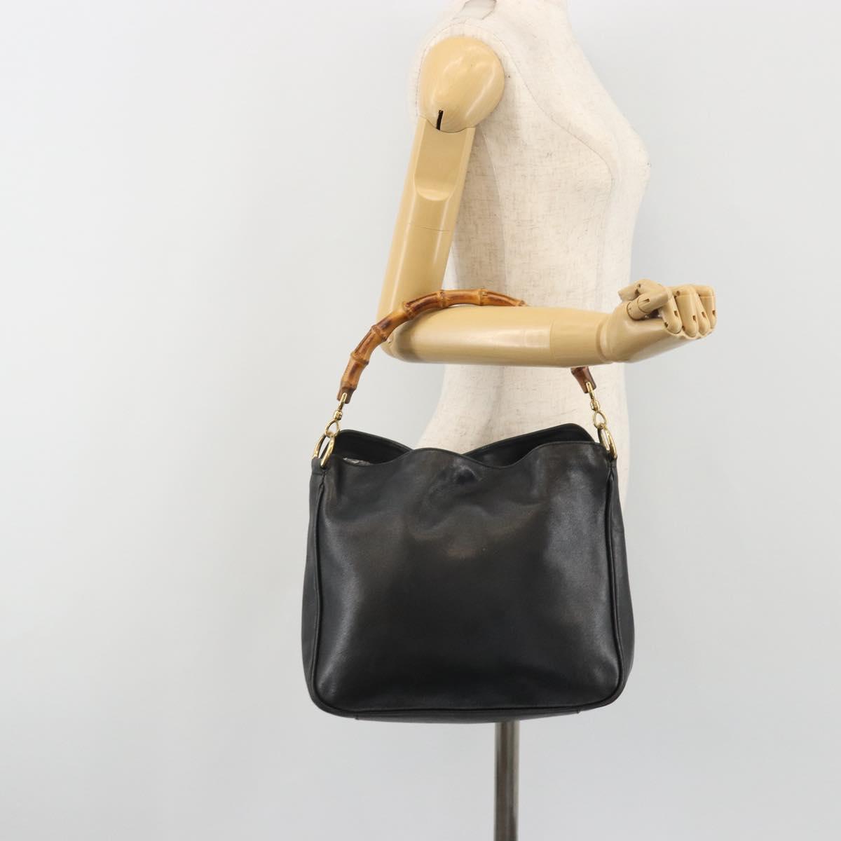 GUCCI Bamboo Shoulder Bag Leather Black Gold 001 2123 1633 Auth bs36272