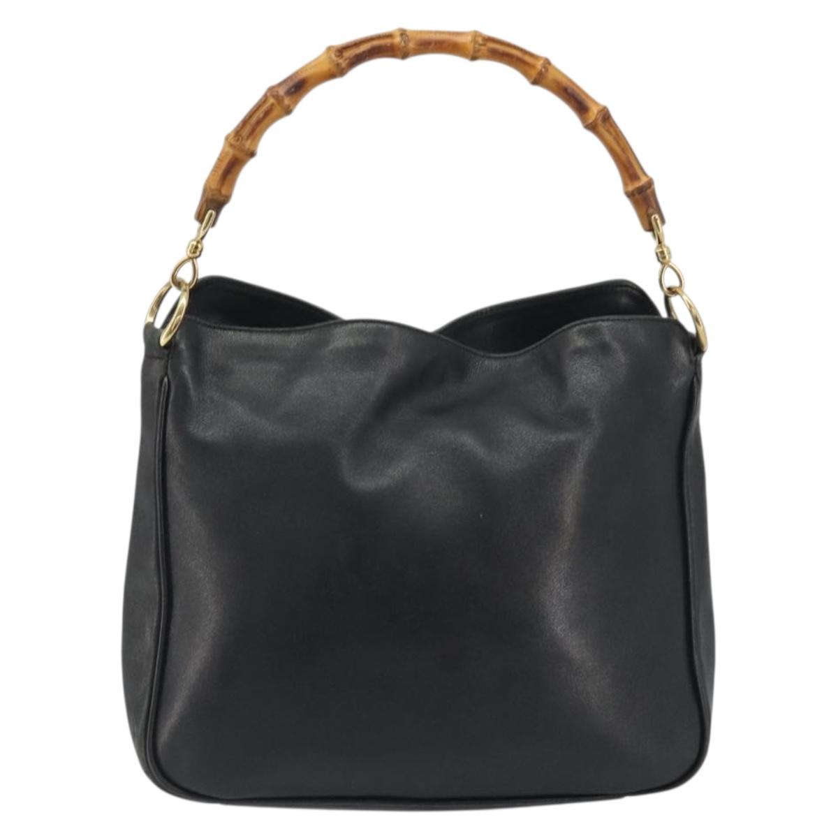 GUCCI Bamboo Shoulder Bag Leather Black Gold 001 2123 1633 Auth bs36272