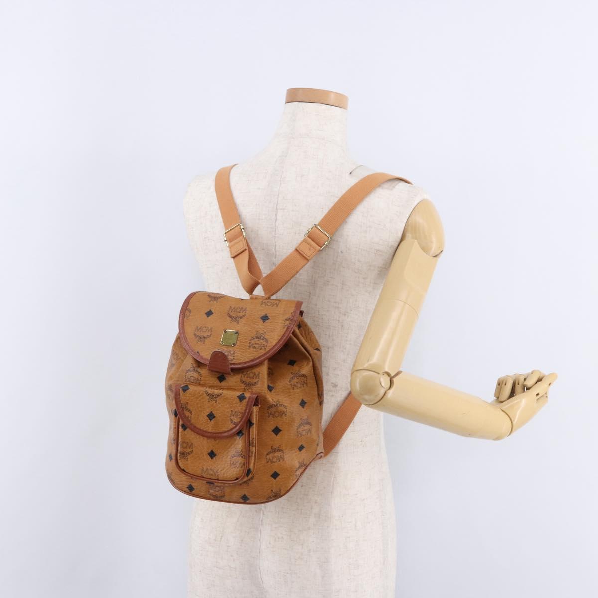 MCM Vicetos Logogram Backpack PVC Beige Gold Auth bs36277