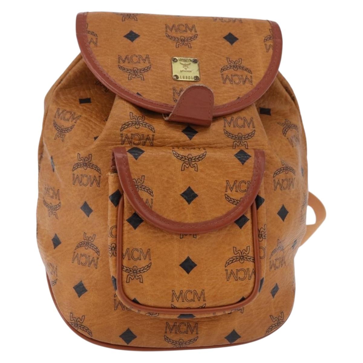 MCM Vicetos Logogram Backpack PVC Beige Gold Auth bs36277