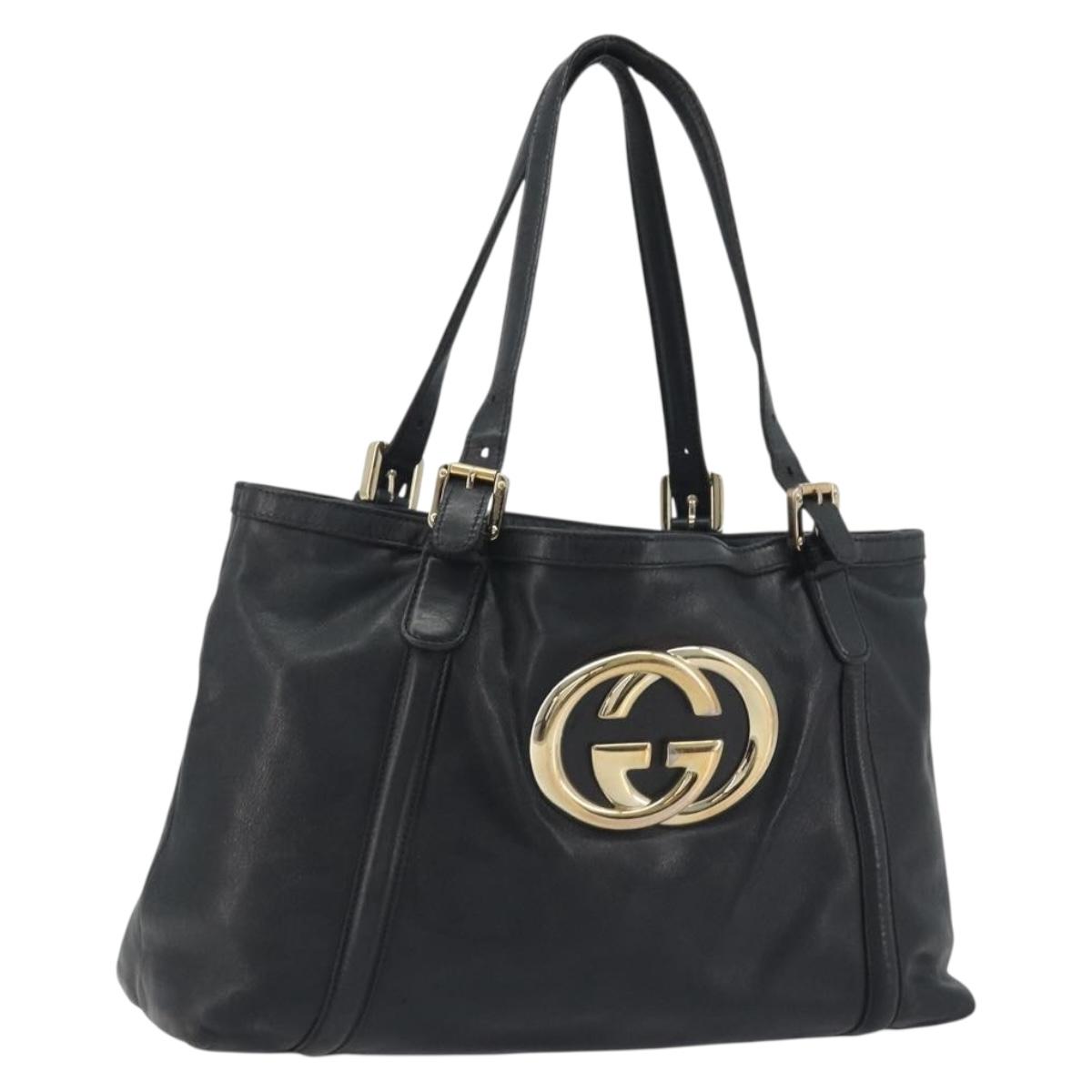 GUCCI New Brit Hand Bag Leather Black Gold 162094 Auth bs36279