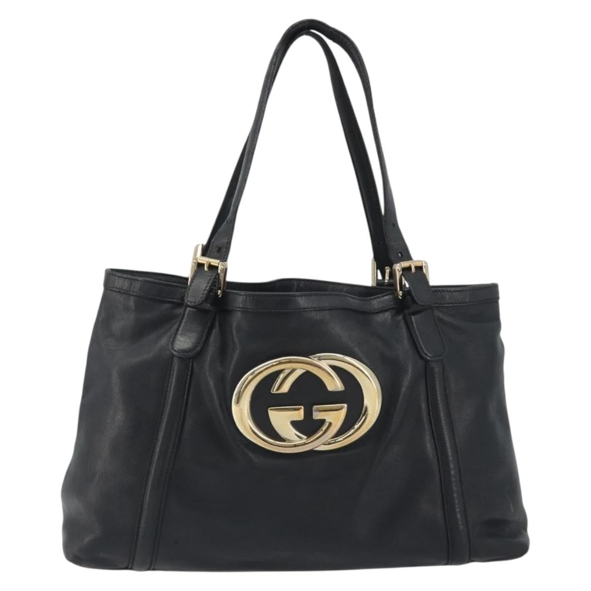 GUCCI New Brit Hand Bag Leather Black Gold 162094 Auth bs36279