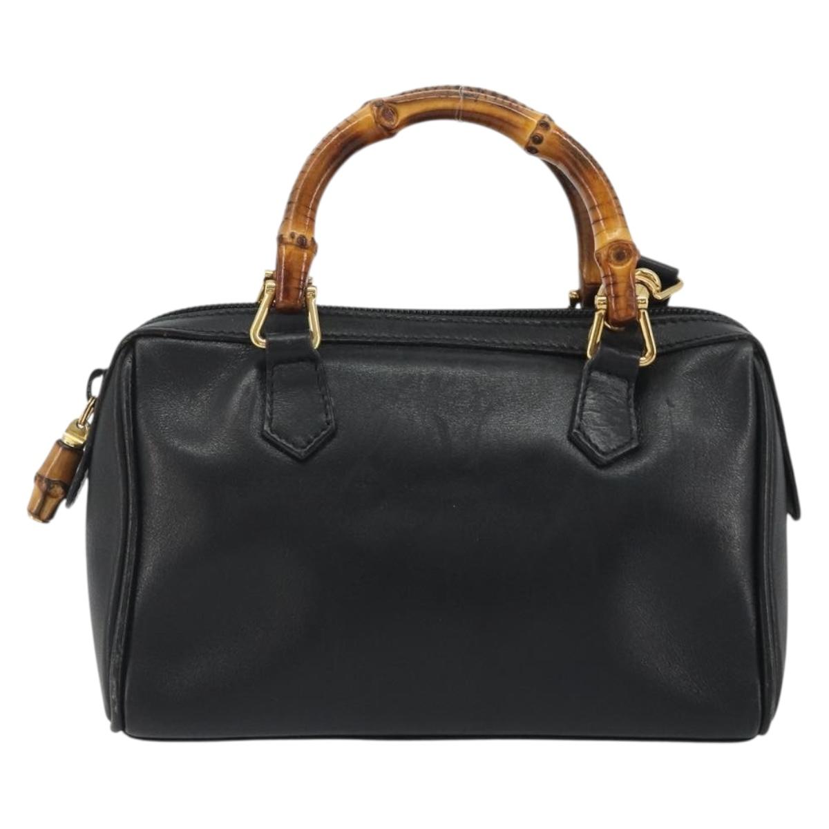 GUCCI Bamboo Hand Bag Leather 2way Black Gold 007 122 0232 Auth bs36283