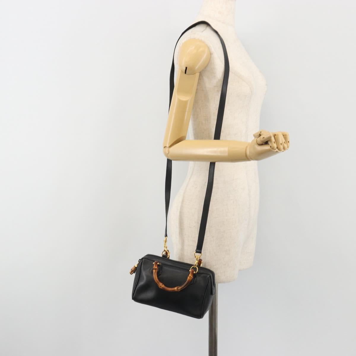 GUCCI Bamboo Hand Bag Leather 2way Black Gold 007 122 0232 Auth bs36283