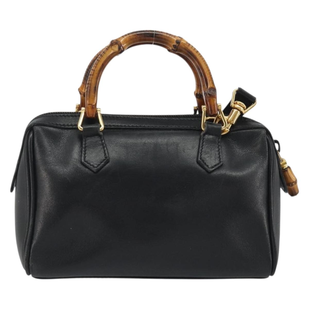 GUCCI Bamboo Hand Bag Leather 2way Black Gold 007 122 0232 Auth bs36283