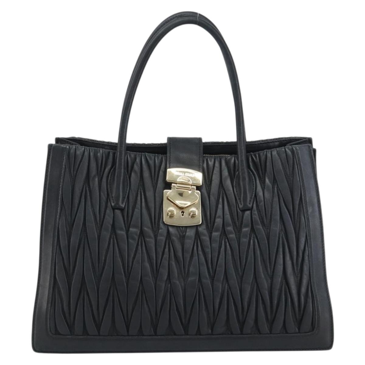 Miu Miu Matelasse Hand Bag Leather Black Gold Auth bs36292
