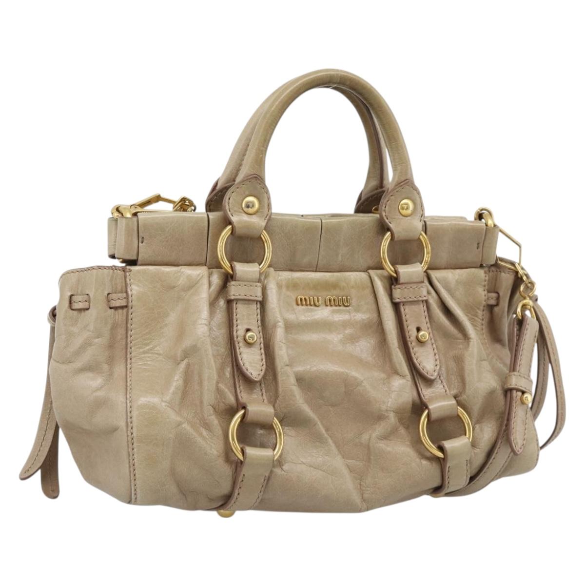 Miu Miu Hand Bag Leather 2way Beige Gold Auth bs36293V