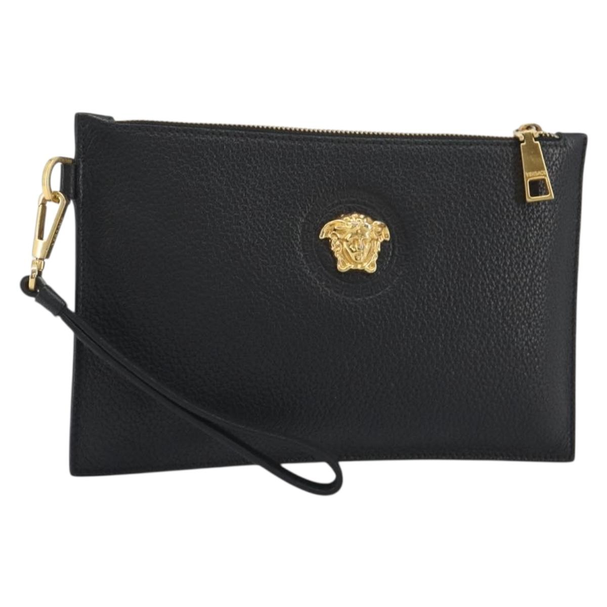 VERSACE Clutch Bag Leather Black Gold Auth bs36298A