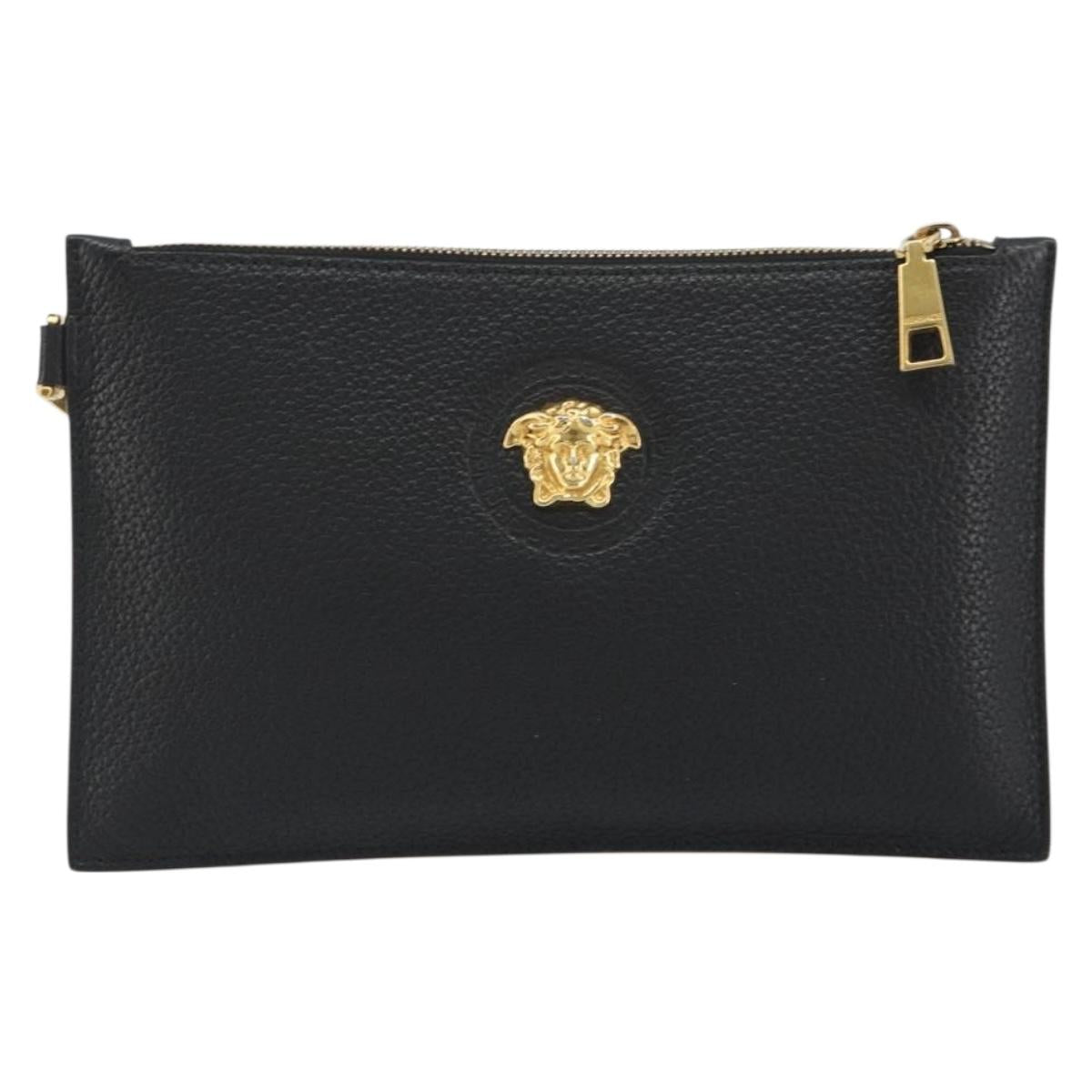 VERSACE Clutch Bag Leather Black Gold Auth bs36298A