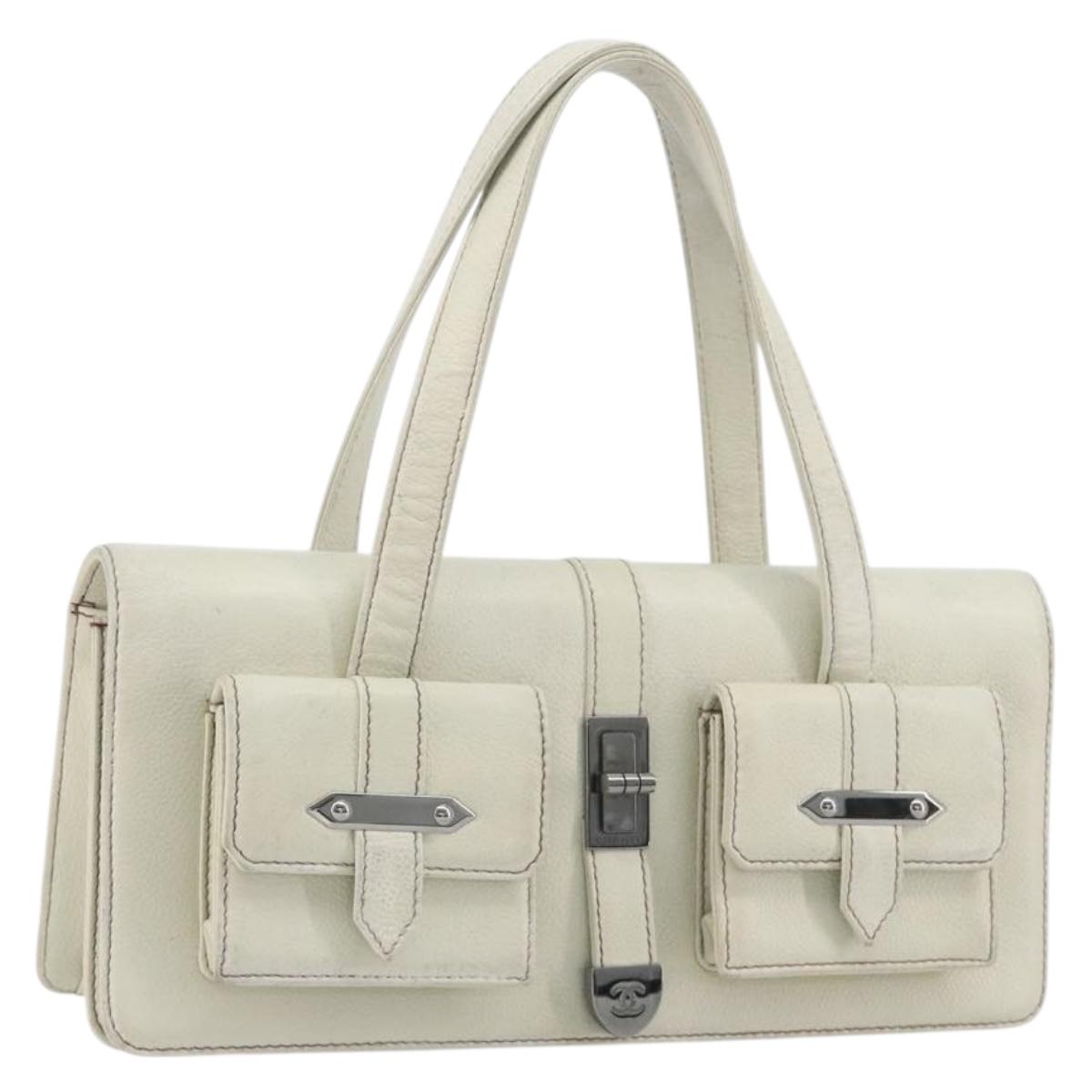 CHANEL Hand Bag Leather White Silver CC Auth bs36301A