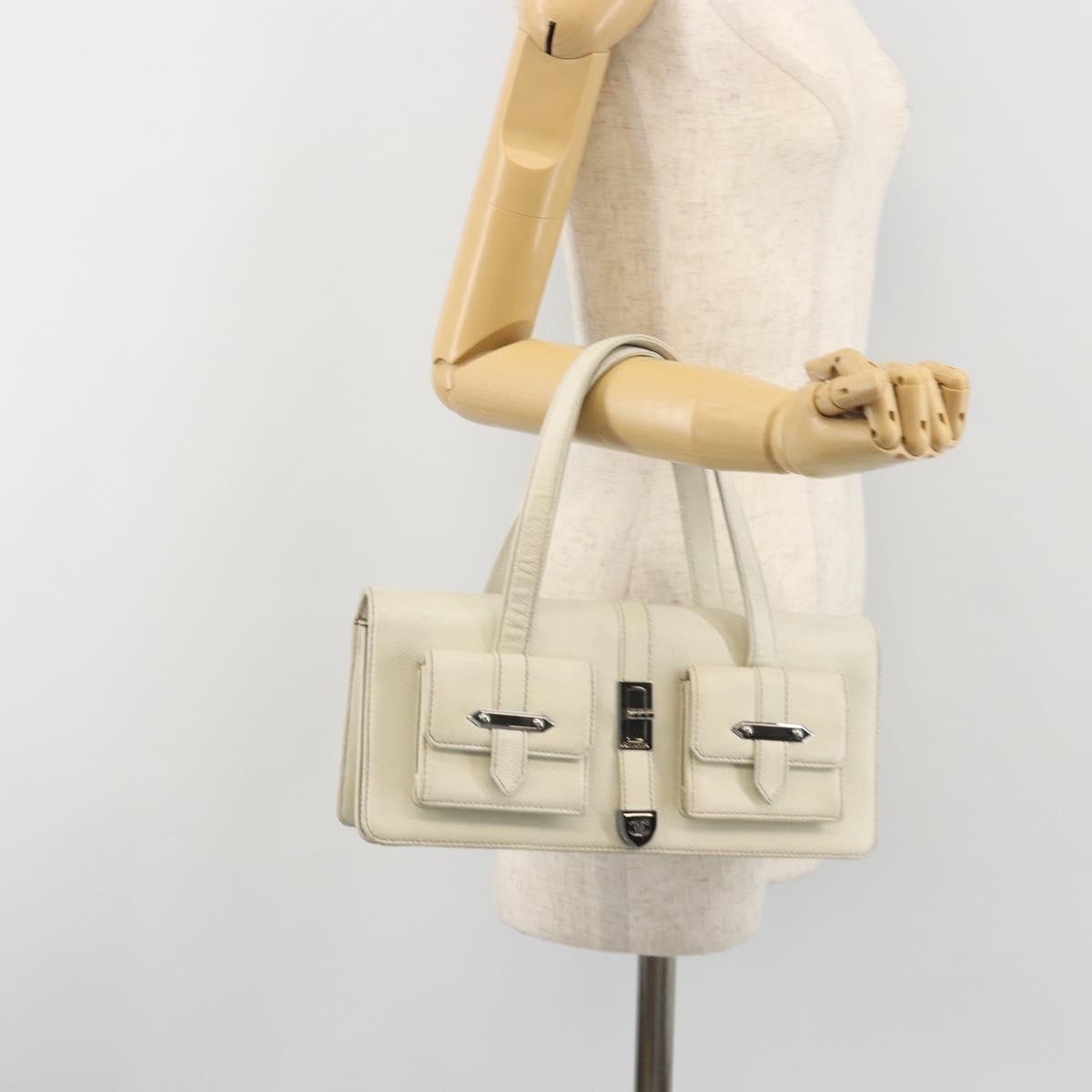 CHANEL Hand Bag Leather White Silver CC Auth bs36301A
