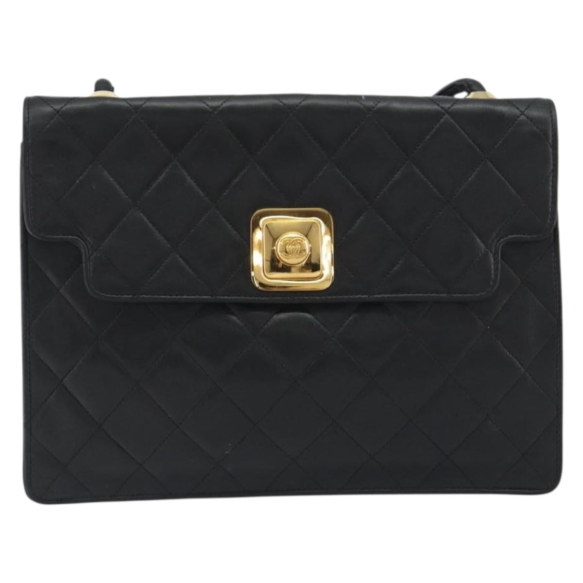 CHANEL Matelasse Chain Shoulder Bag Lamb Skin Black Gold CC Auth bs36306V