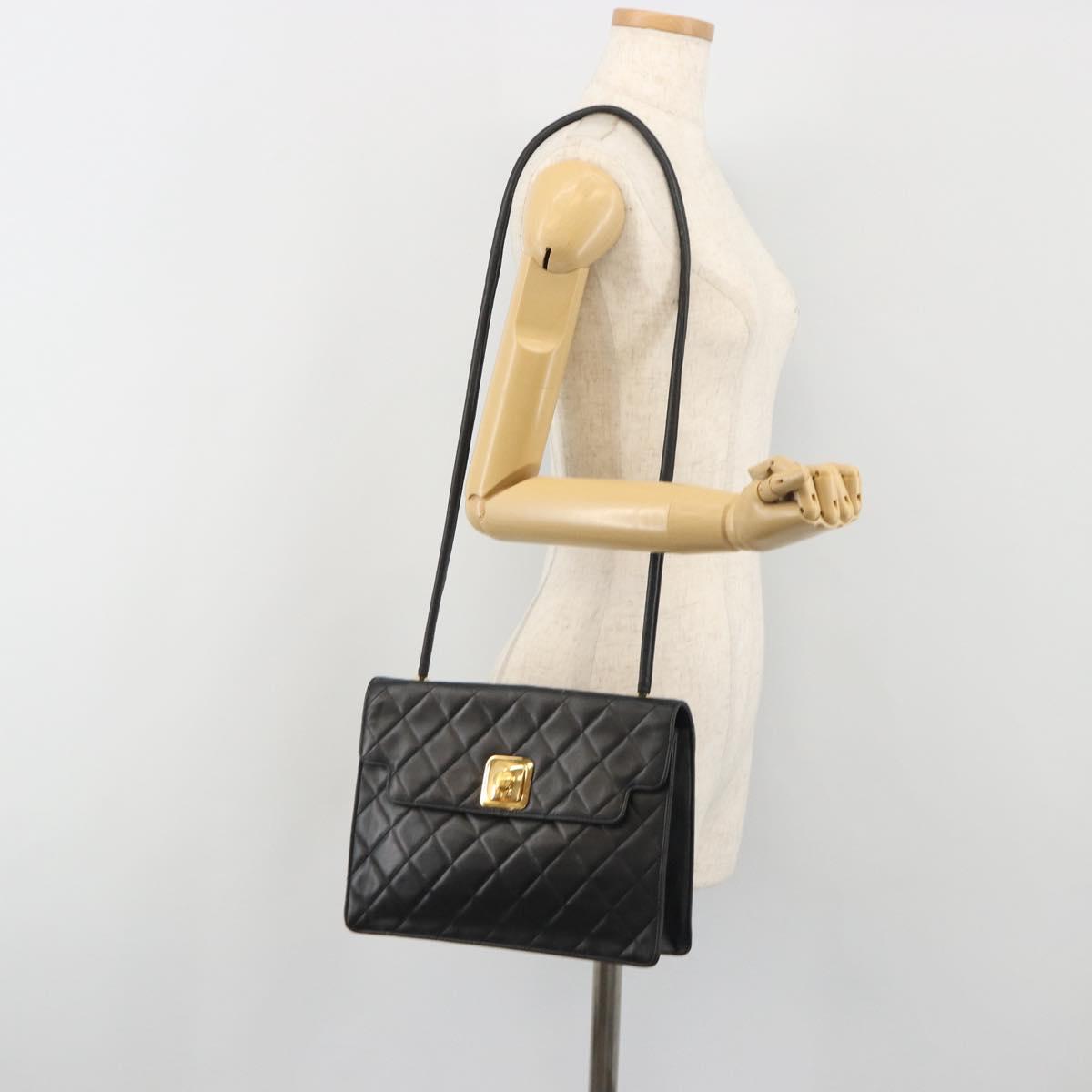CHANEL Matelasse Chain Shoulder Bag Lamb Skin Black Gold CC Auth bs36306V