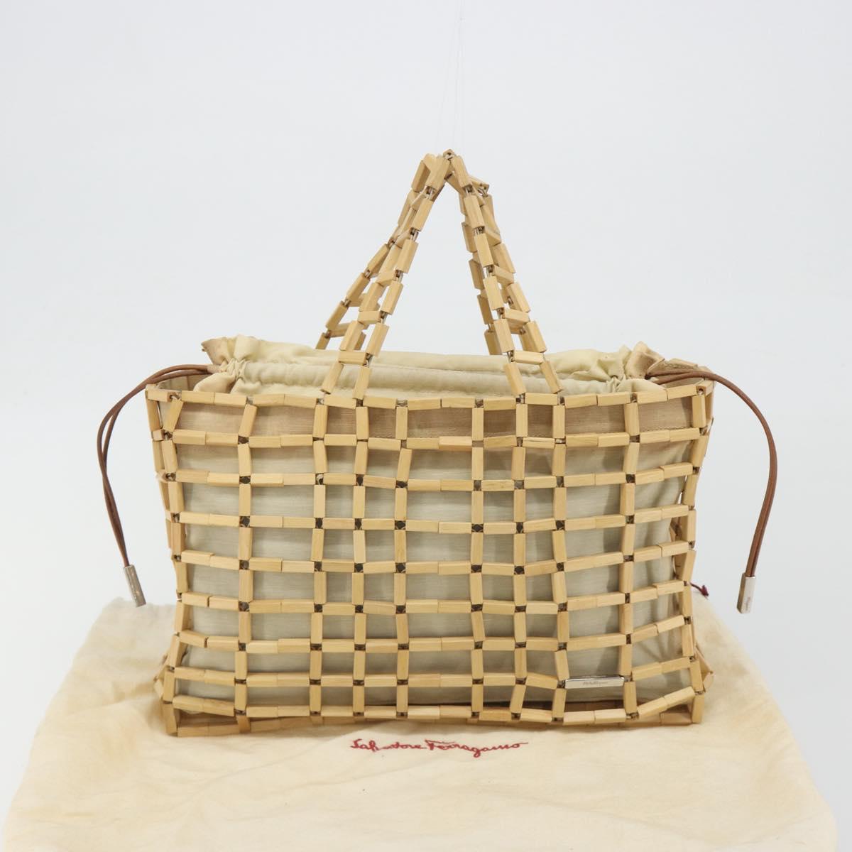Salvatore Ferragamo Hand Bag Canvas Beige Silver Auth bs36308A
