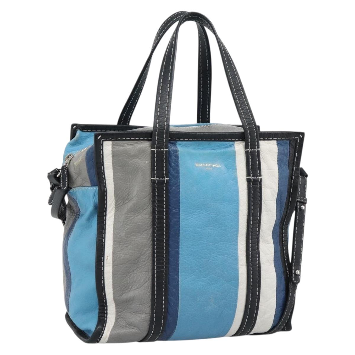 BALENCIAGA Stripe Bazaar Shopper Bag Leather 2way Blue 443096 Auth bs36312
