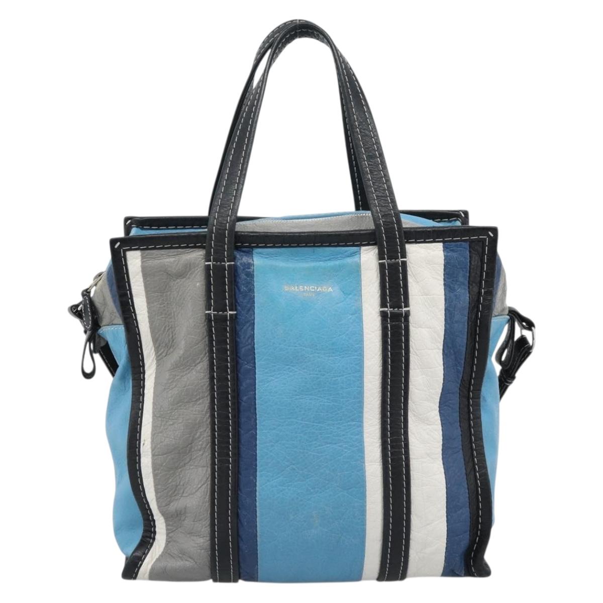 BALENCIAGA Stripe Bazaar Shopper Bag Leather 2way Blue 443096 Auth bs36312