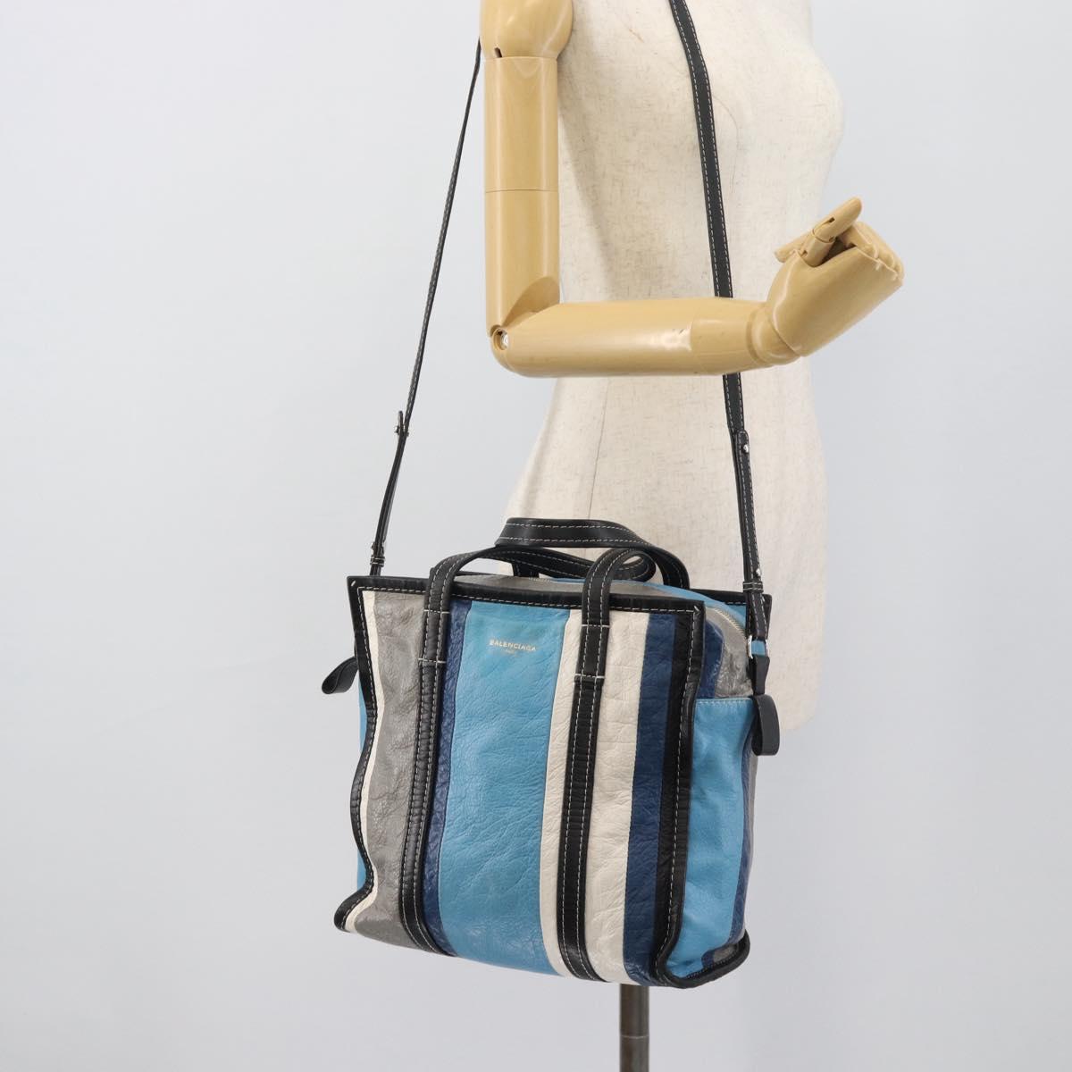 BALENCIAGA Stripe Bazaar Shopper Bag Leather 2way Blue 443096 Auth bs36312
