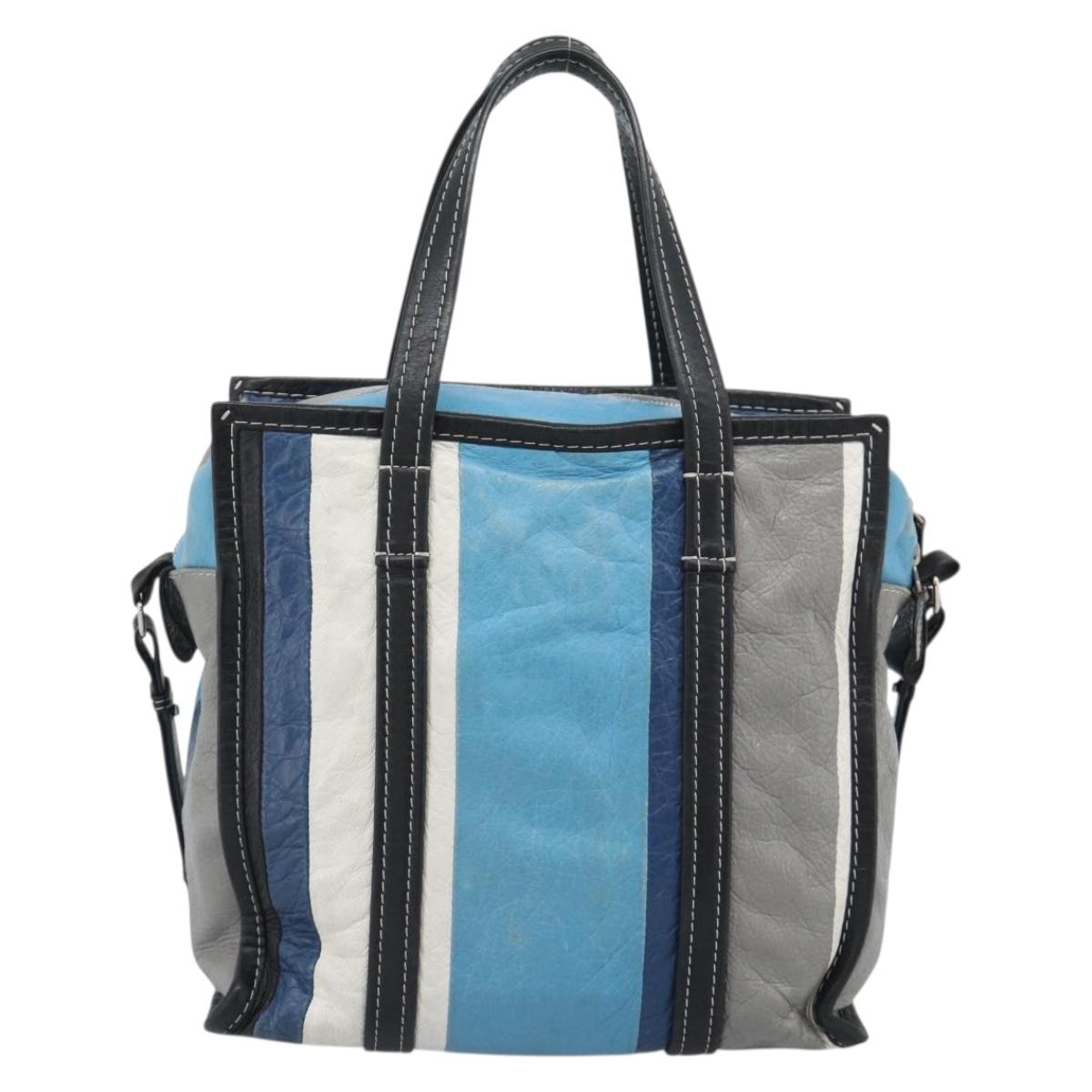 BALENCIAGA Stripe Bazaar Shopper Bag Leather 2way Blue 443096 Auth bs36312