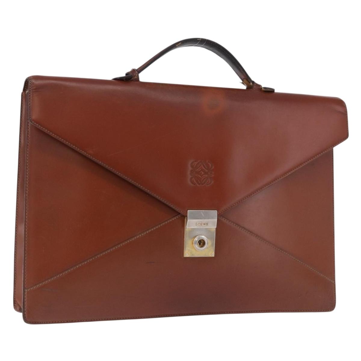 LOEWE Business Bag Leather Brown Gold Auth bs36313
