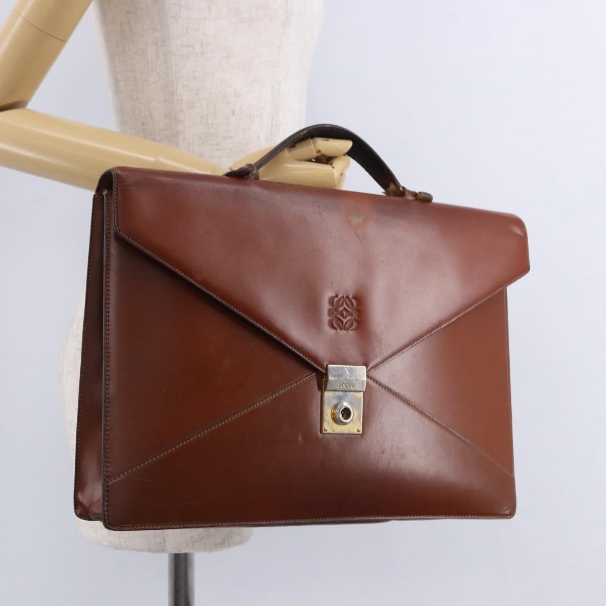LOEWE Business Bag Leather Brown Gold Auth bs36313