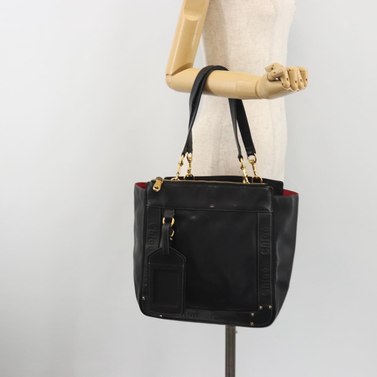 Chloe Eden Tote Bag Leather Black Gold Auth bs36317