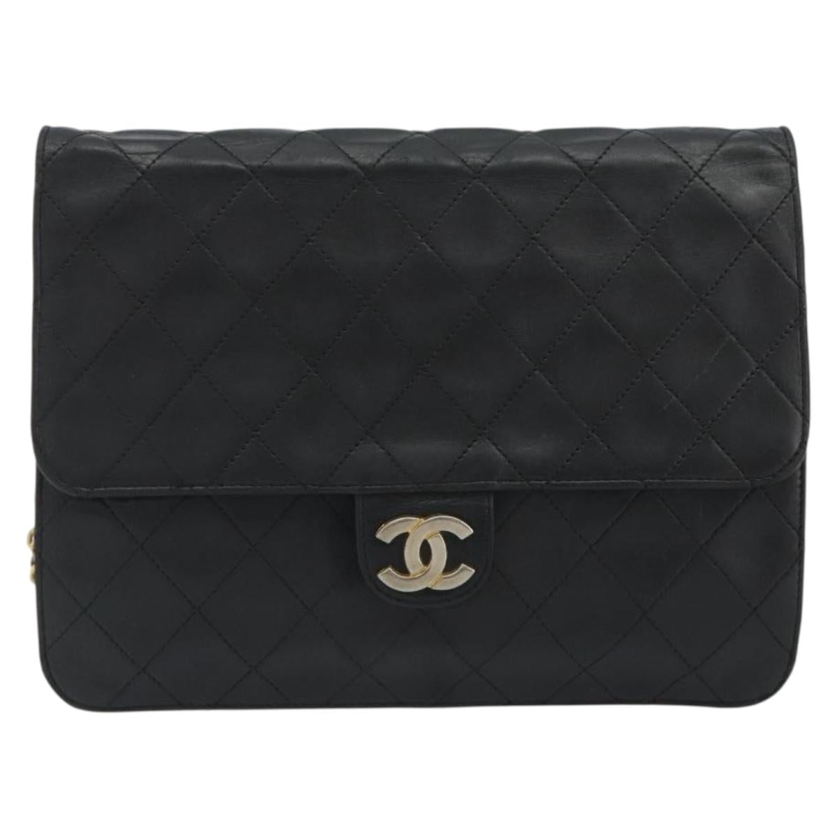 CHANEL Matelasse Chain Shoulder Bag Lamb Skin Black Gold CC Auth bs36327