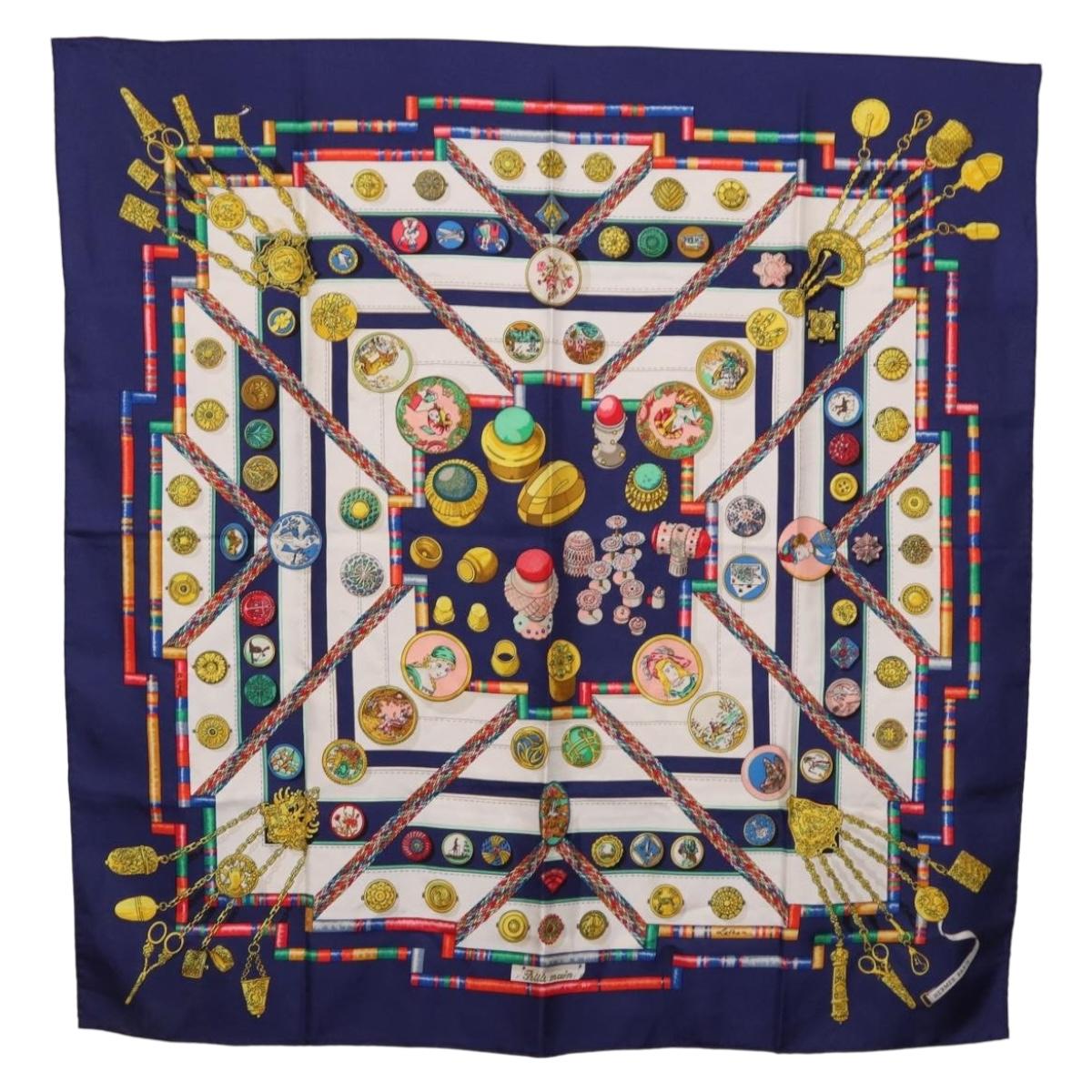 HERMES Carre 90 Scarf Pwlile Mcuin Silk Navy Auth bs36330