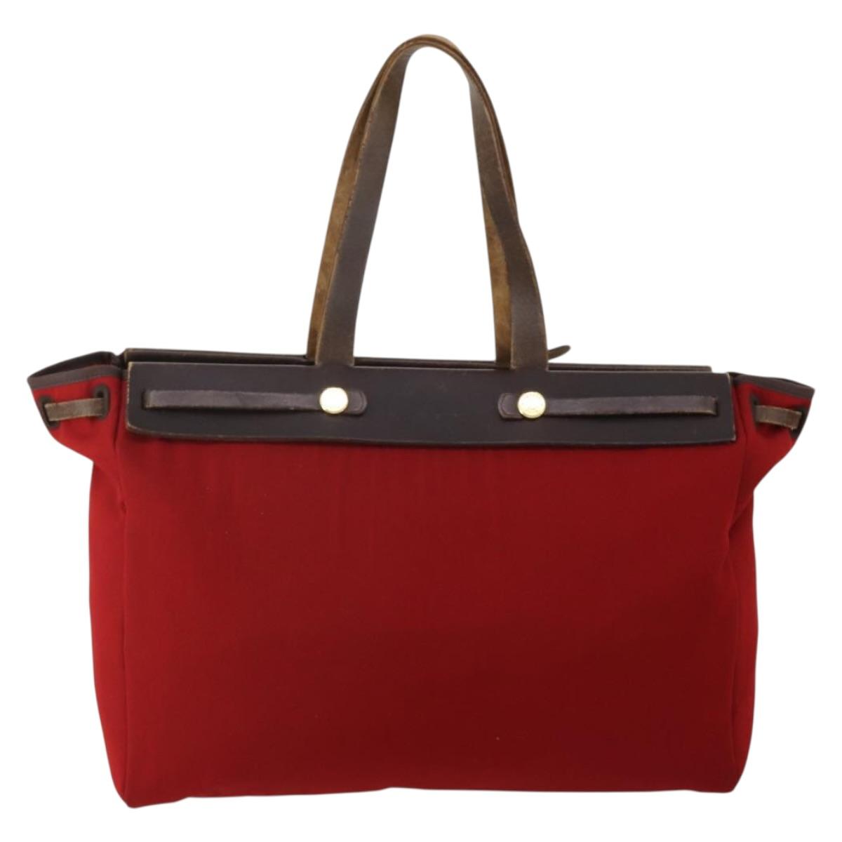 HERMES Herbag Cabas MM Hand Bag Canvas Leather Red Gold Auth bs36333