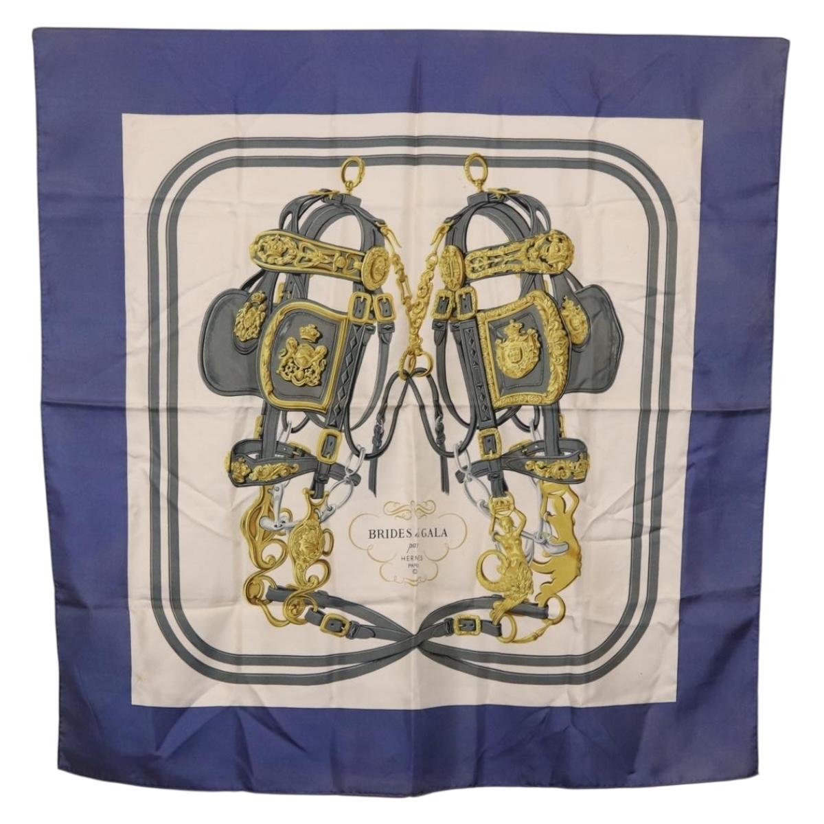 HERMES Carre 90 Scarf BRIDS De GALA Silk Blue Auth bs36346