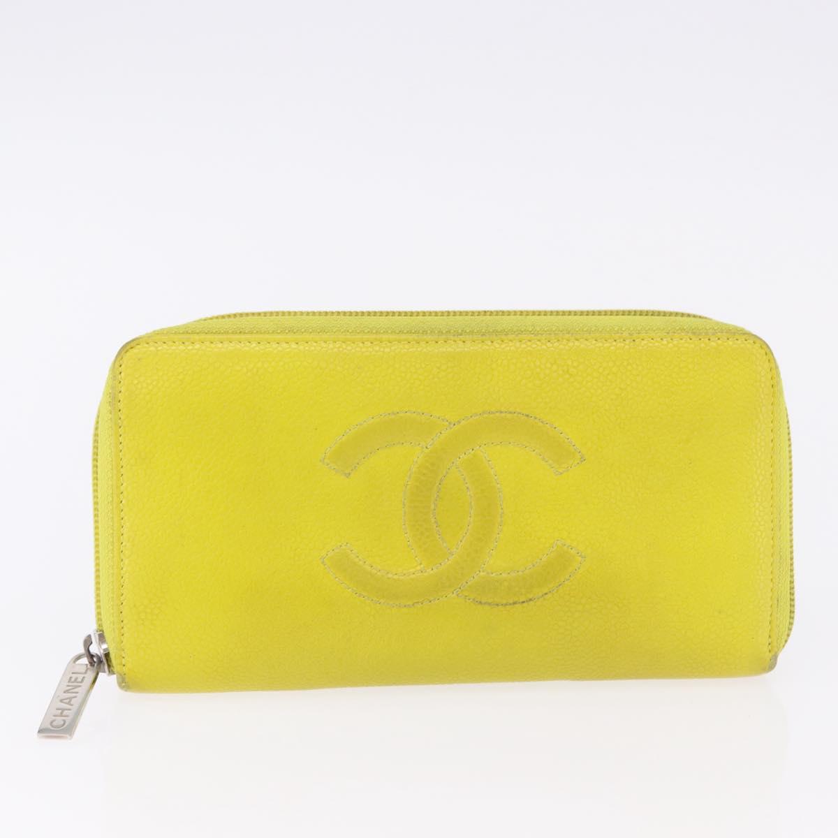CHANEL Wallet Leather Caviar Skin 3 Set Black Pink Yellow CC Auth bs36349