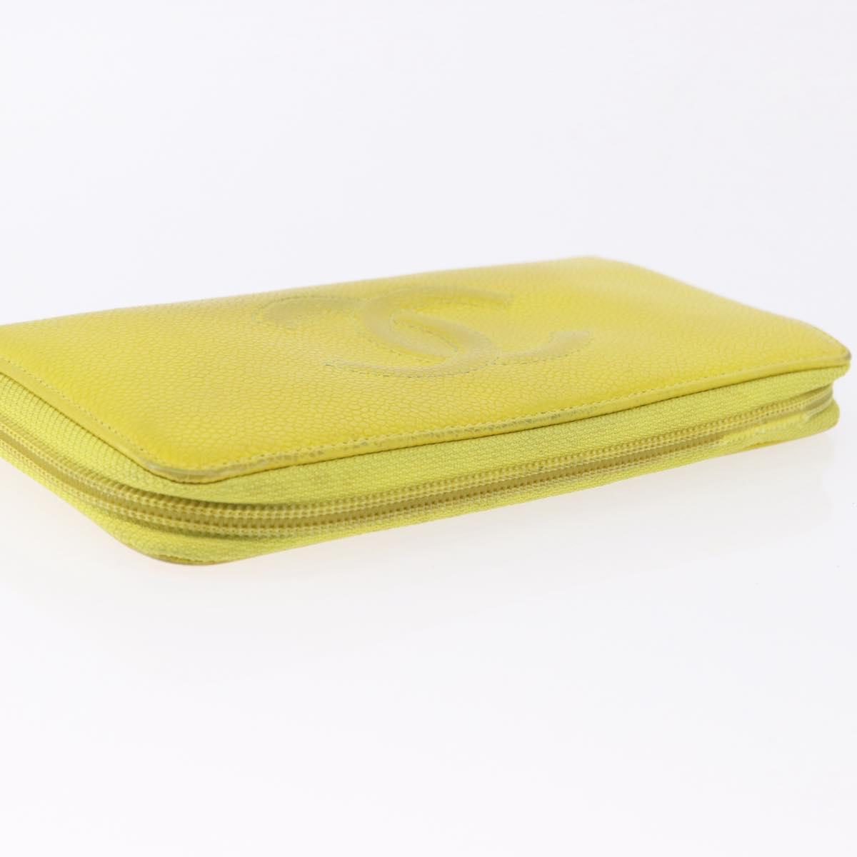 CHANEL Wallet Leather Caviar Skin 3 Set Black Pink Yellow CC Auth bs36349